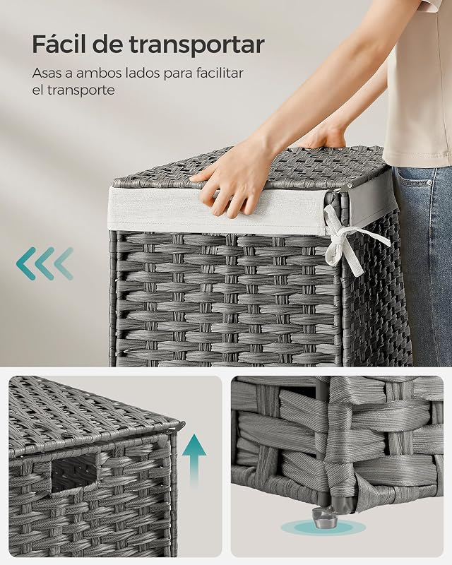 Cesto de Ropa Sucia, Cesta de Ratán Sintético 105 L con Tapa y Asas, Mimbre, Plegable, Forros Extraíbles, para Mantas, Ropa, Dormitorio, Baño, Lavandería, Gris Paloma RST066G01