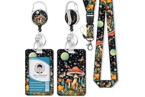 Piefly Lanyards for Id Badges, Cute Badge Holder with Retractable Reel Clip, Mushroom Work Name Tag Breakaway Lanyard Vertical ID Card Protector Case for Women Nurse Nursing Doctor Teacher Student