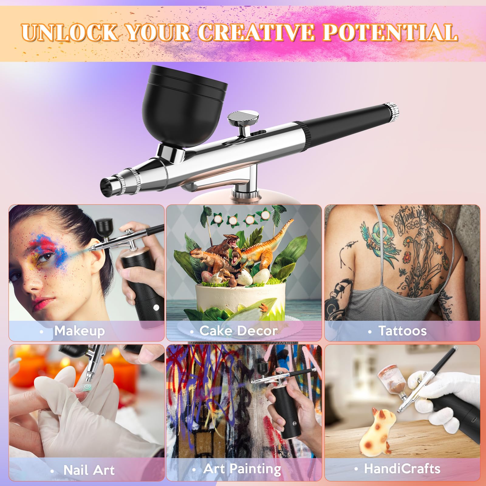 Uthlusty Cordless Airbrush Kit, Airbrush Kit with 0.3mm Tip, Handheld Rechargeable Air Brush with Compressor for Makeup, Nailart, Painting, Cake, Cookie, Model