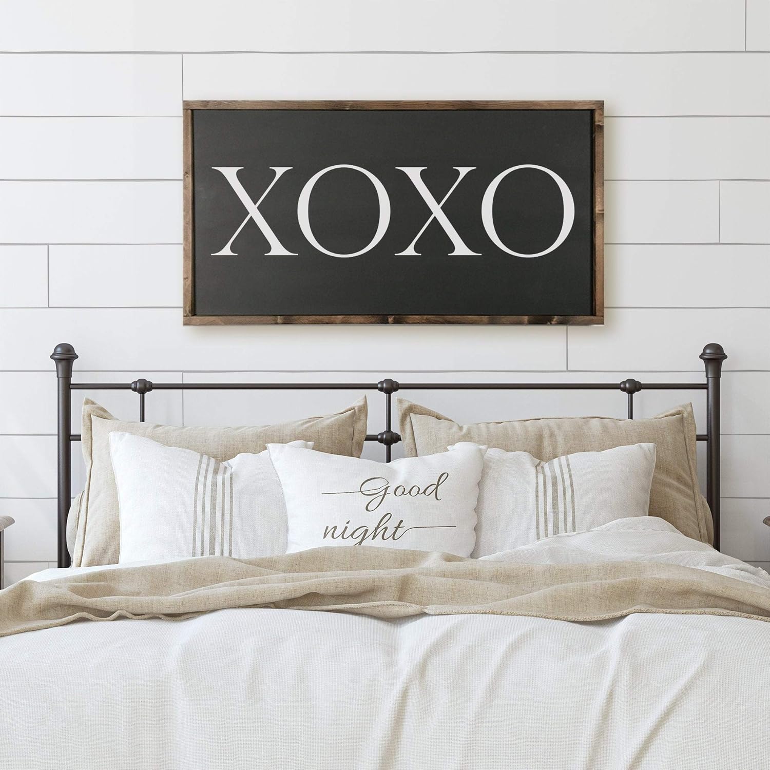 Amazon Com Flowershave357 Xoxo Farmhouse Wood Sign For Above Bed Master Bedroom Wall Art Framed Wood Sign Love Wood Sign Wedding Gift Idea Sign For Bed Everything Else