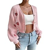 WDIRARA Women's Strawberry Embroidery Crop Cardigan Drop Shoulder Button Up Sweater Tops V Neck Outerwear