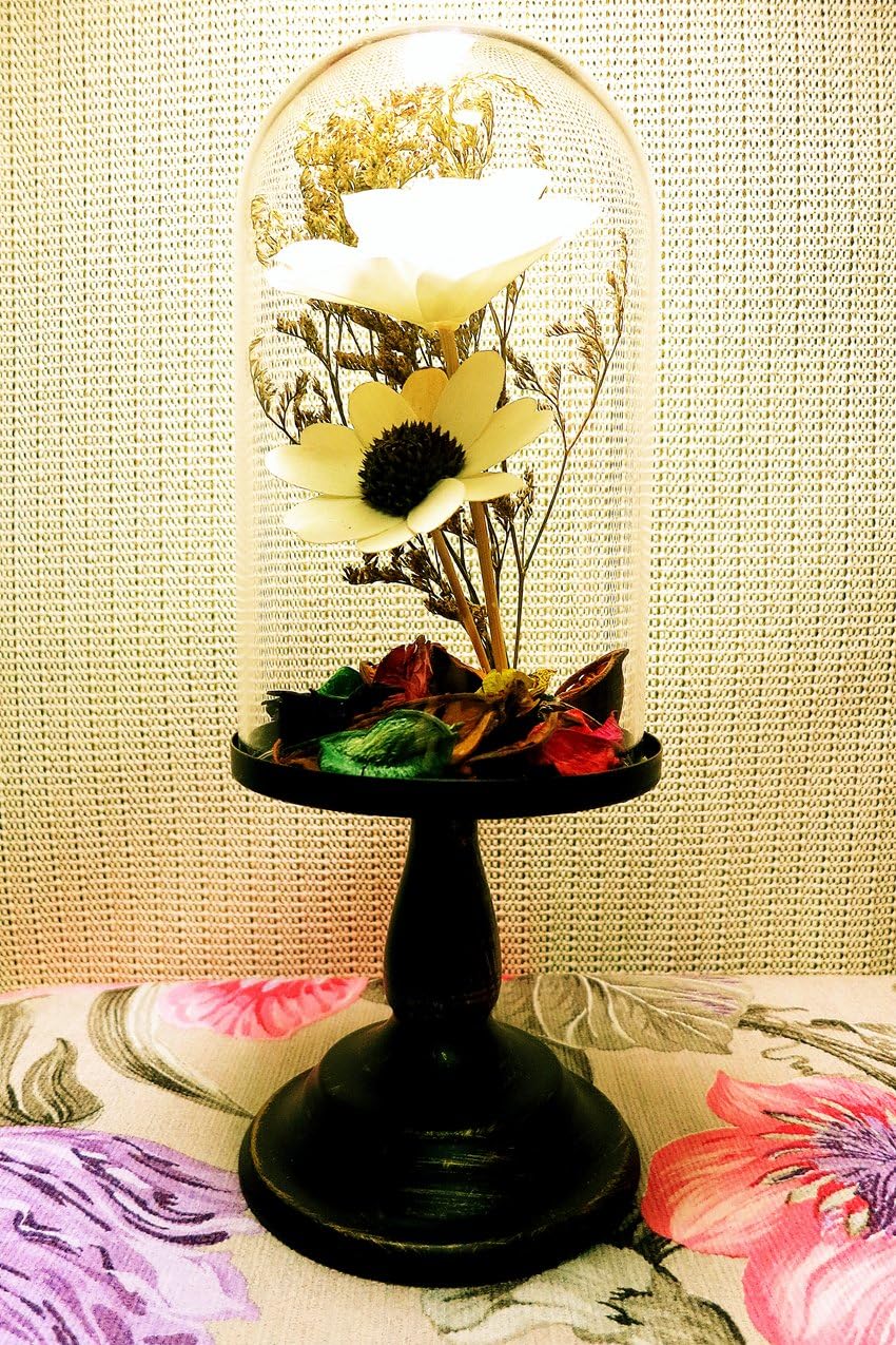 Ryocas Decorative Holder - Romantic Artificial Dried Flower Bouquet Plant Crystal Glass Dome Cloche Bell Jar Terrarium With Black Gold Metal Stand Pedestal For Home Decor Wedding Centerpiece, 10-Inch