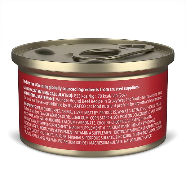 AMAZON BRAND – WONDER BOUND CANNED WET CAT FOOD (BEEF RECIPE IN GRAVY), NO ARTIFICIAL FLAVORS, ADULT RECIPE, 3 OUNCE (PACK OF 24)