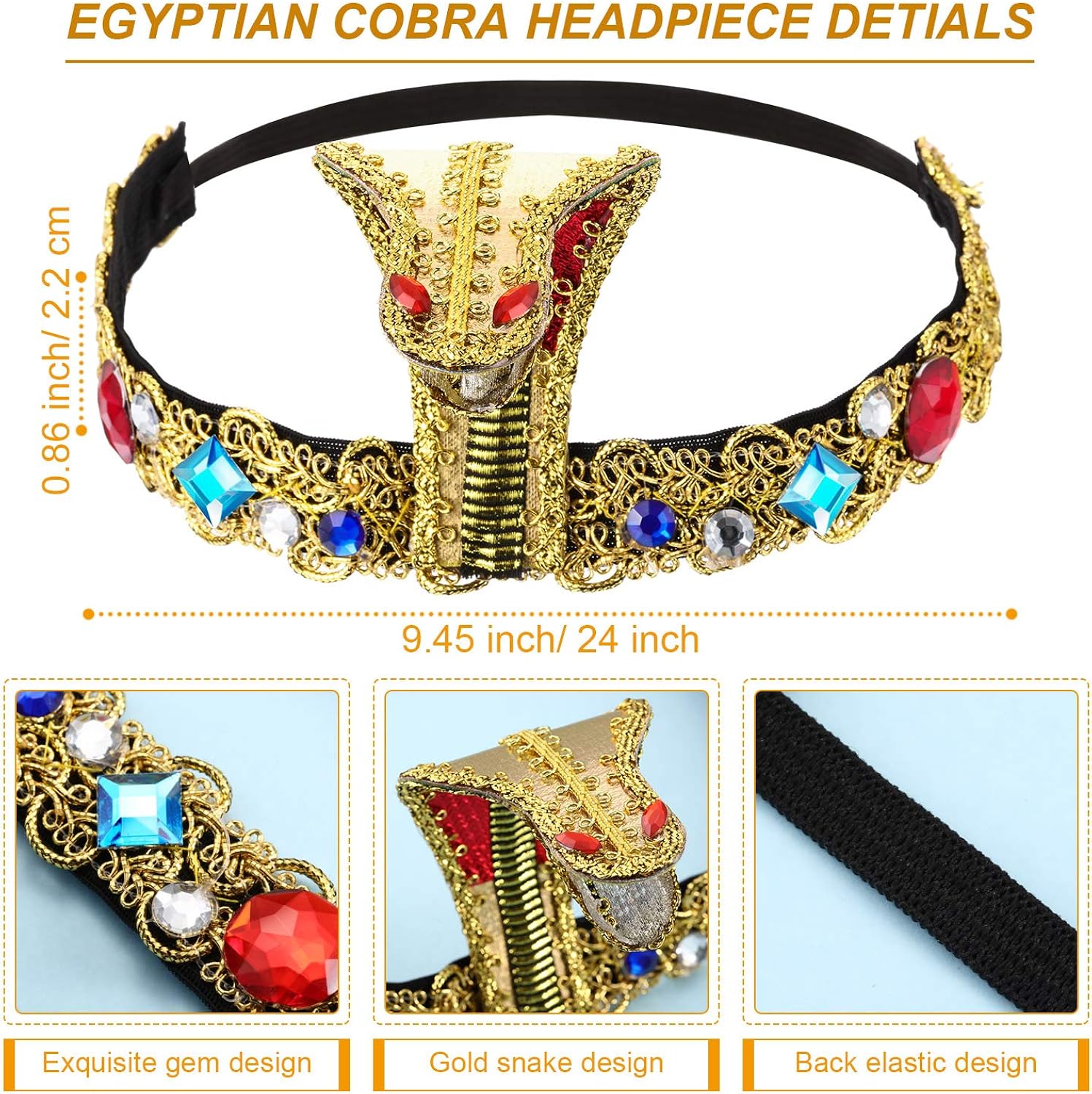 Hicarer Egyptian Costume Accessories Egyptian Headpiece with 2 Metal Snake Cuffs for Women Metal 3 Pieces, 24 centimètres, Metal - Image 4