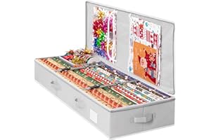 Criusia Christmas Gift Wrapping Paper Organizer Storage, Durable Underbed Storage Container Fits 24 Rolls, with Removable Dividers and Pockets for Ribbon, Ornaments, Holiday Accessories, Grey