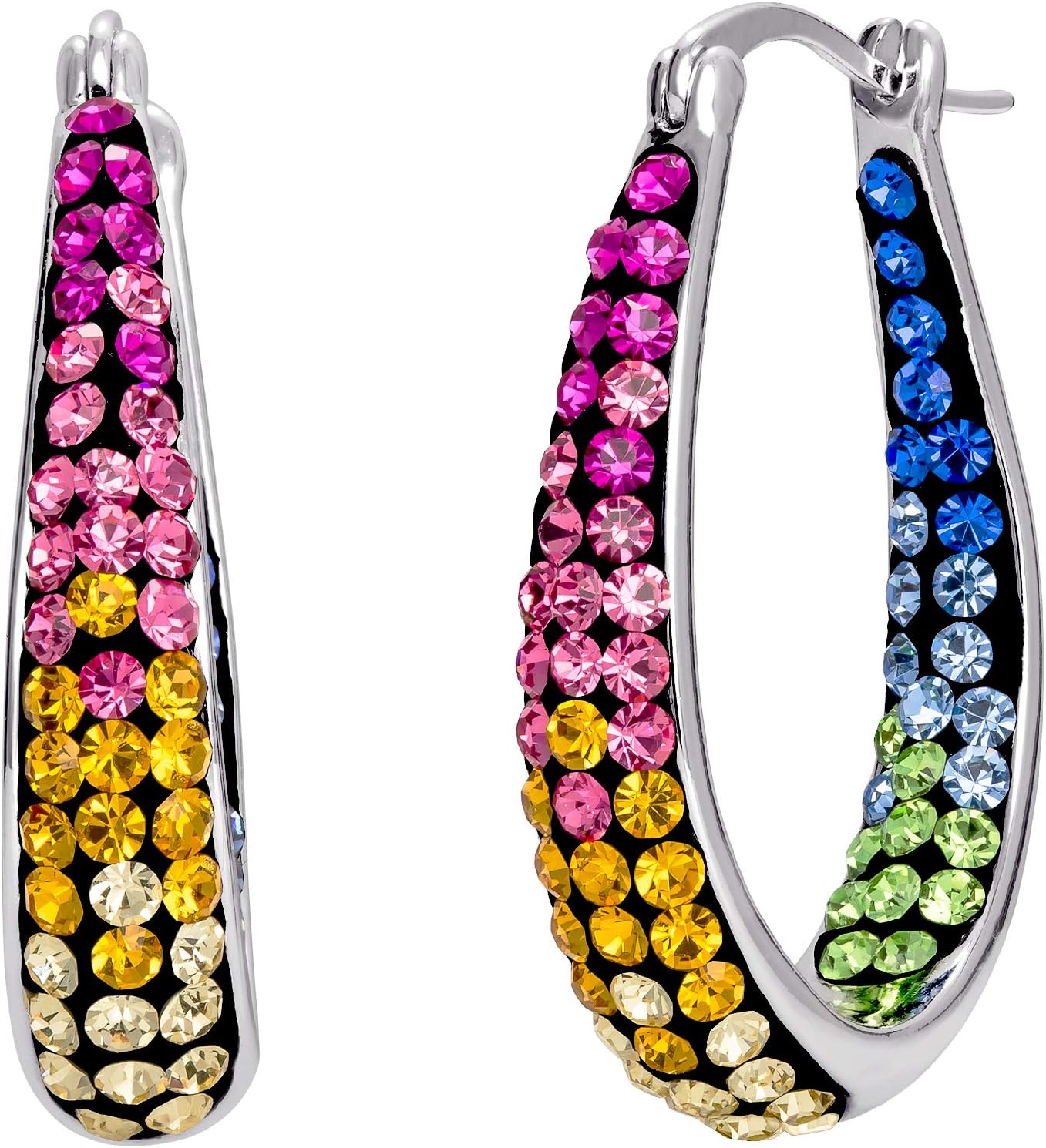 Crystal Jewelry for Women Inside Out Oval Hoop Earrings, Silver Plated, 1.2”