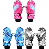 Fourluoo 3 Pairs Kids Waterproof Snow Mittens Winter Ski Gloves Thickened Warm Snow Gloves Mittens for Toddler Boys Girls