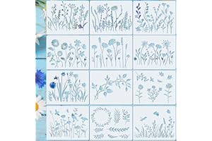 Amison 12 Pcs Flower Stencils - Wildflower Stencils for Painting - Reusable Large Wildflower Stencil - DIY Drawing Templates 
