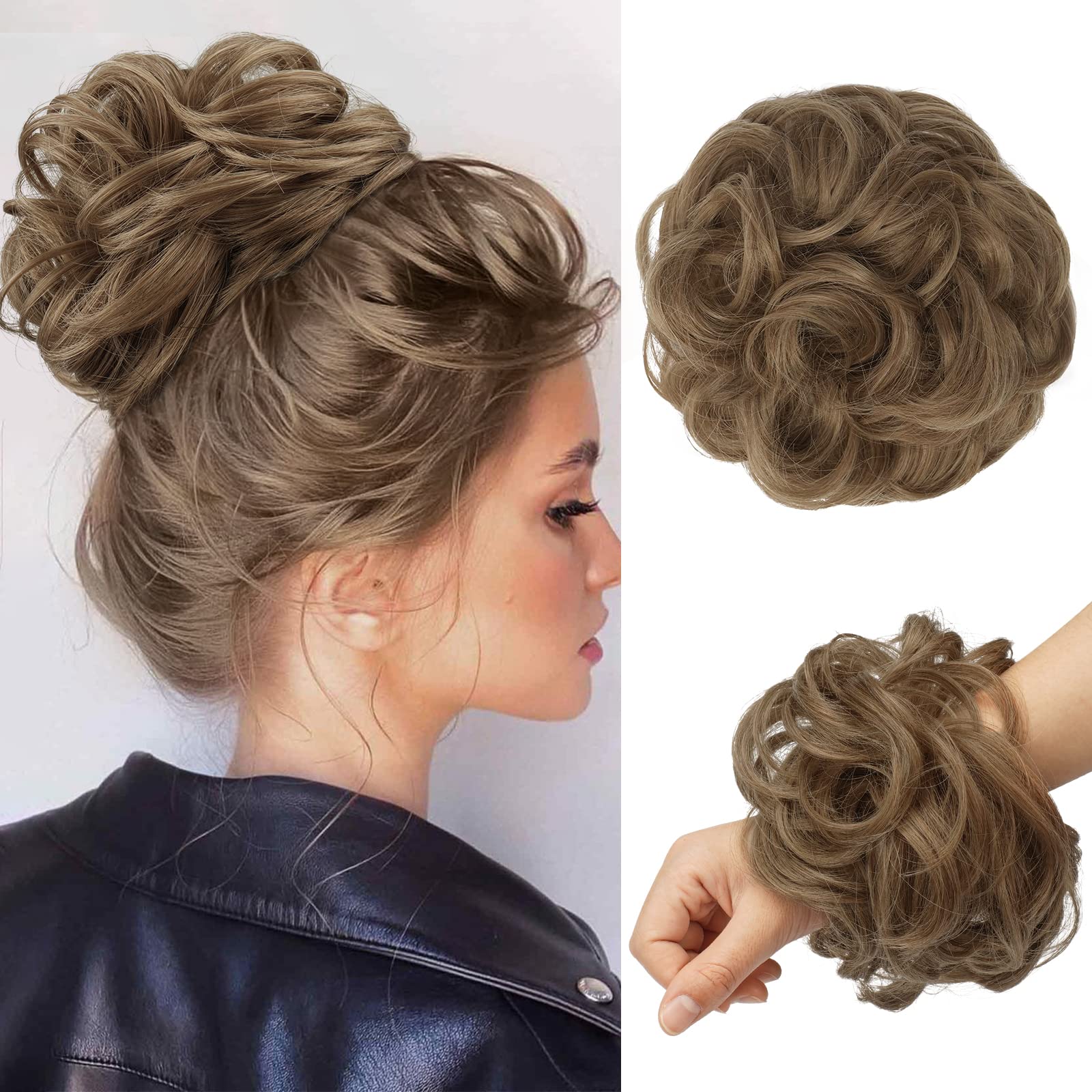 Photo 1 of FESHFEN Messy Bun Hair Pieces - Large Wavy Curly Elastic Hair Bun Scrunchies Ponytail Extensions Synthetic Chignon Hairpieces for Women, Light Brown mix Natural Blonde 1.94oz