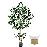 Warmplants Artificial Ficus Tree, 6ft Tall Silk Fake Ficus Leaves Plant with Basket, Indoor Outdoor Faux Greenery Tree for Home Garden Office House Livingroom Décor