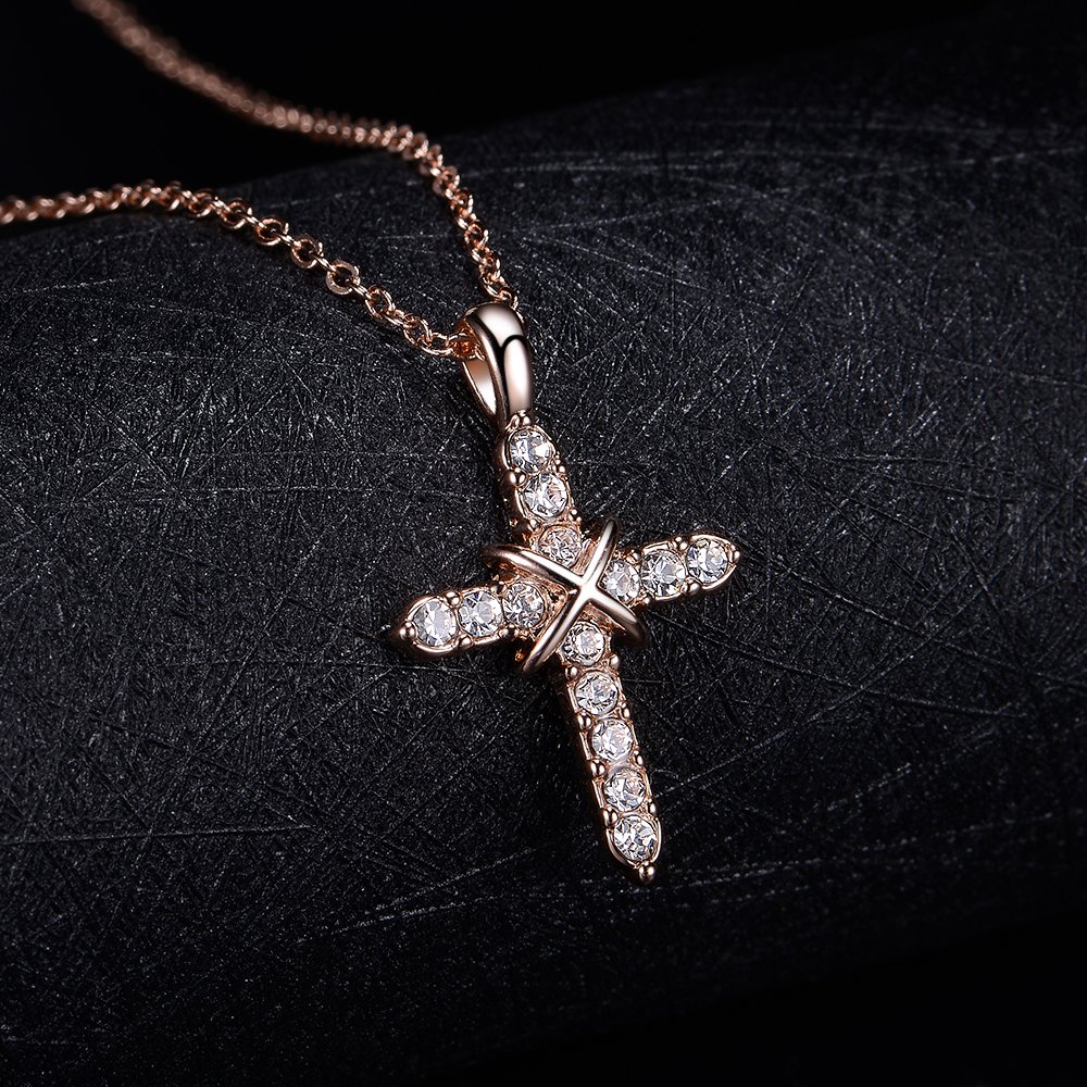 dnswez 14k Rose Gold Plated Crystal Cross Pendant Necklace 18\