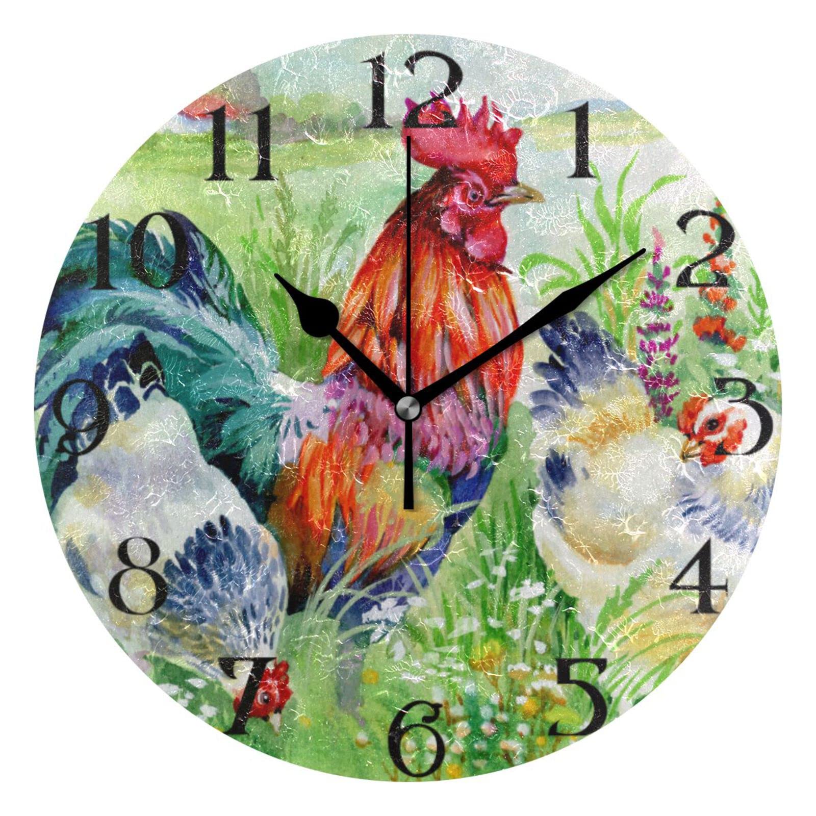Mnsruu Large Wall Clocks, Farm Chicken Rooster Non Ticking 25cm Clock Silent Clocks Atomic Analog Clocks Living Room Kitchen Bedroom Office Home Decor Easy to Read