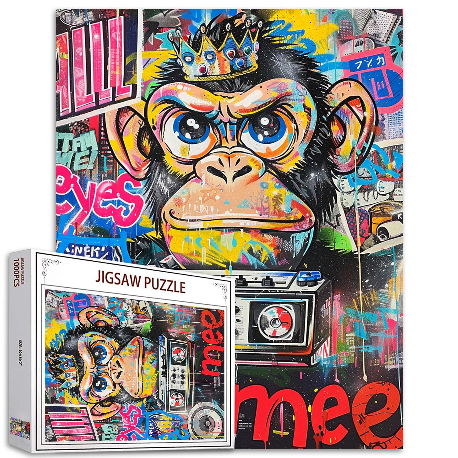 Tucocoo 1000 Piece Jigsaw Puzzles for Adults Graffiti Monkey Painting Jigsaw Puzzle Colorful Street Art Radio 1000 Pieces Puzzles for Challenging Family Activity Game Banksy Art DIY Puzzle Wall Decor