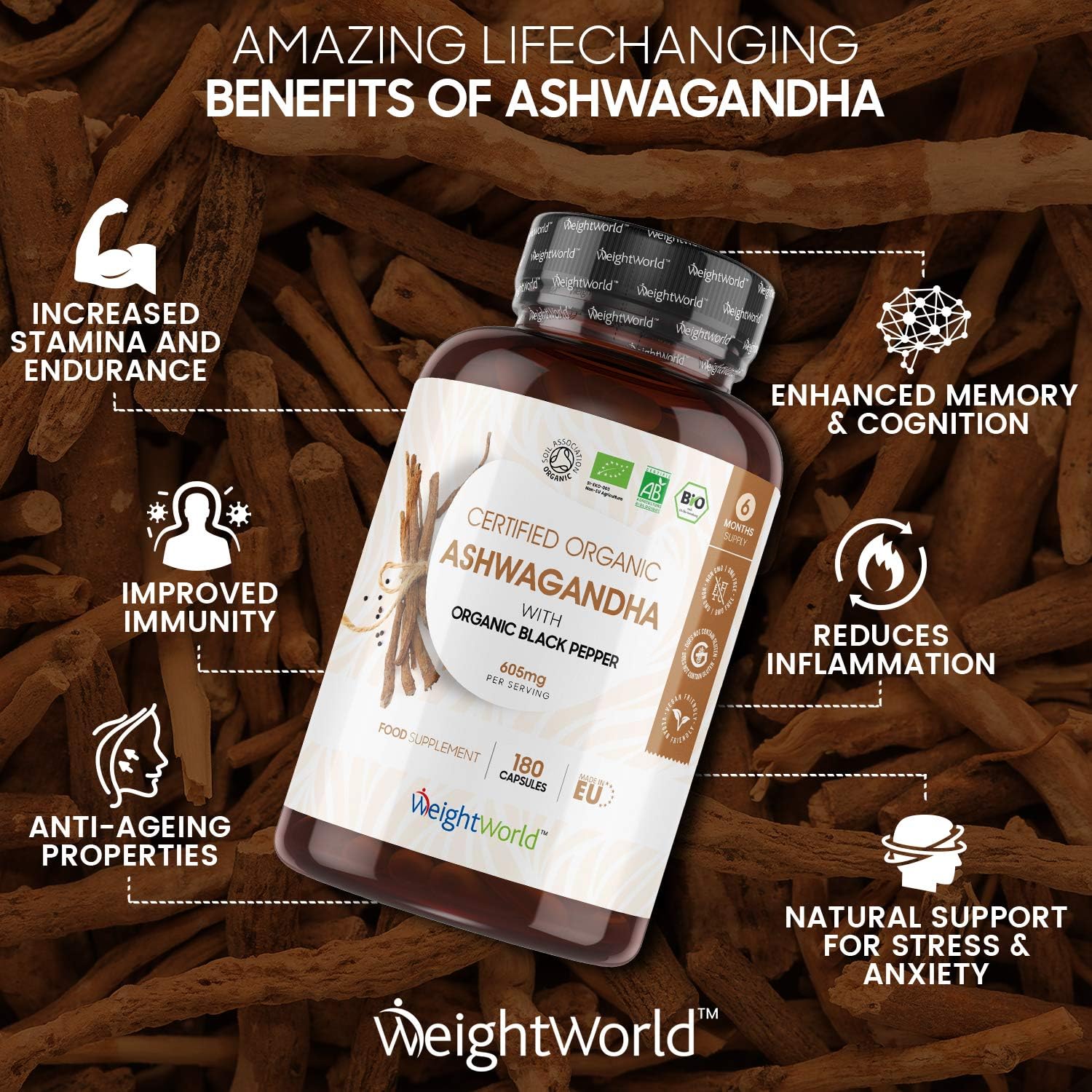 Organic Ashwagandha Capsules, 180 Capsules (6 Months Supply), with Organic Black Pepper, 1 per Day - Image 3