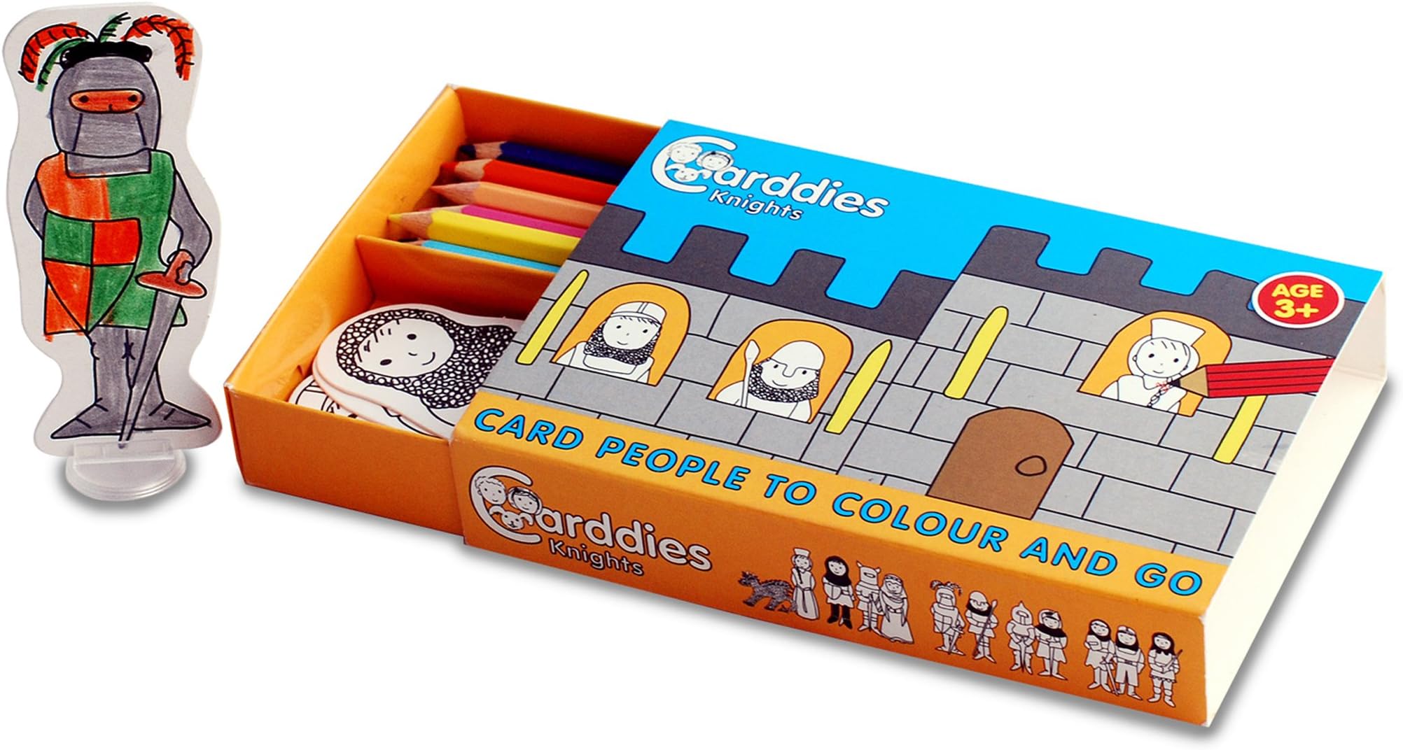 CARDDIES KNIGHTS CARD PEOPLE Colour and Play Set- Portable Art Kit with Sturdy Card Knights, Princesses, Dragon and Jousting Playscene for Colouring-in Creativity, Imagination, Pretend Play and Story Telling - Premium Colouring Pencils and Plastic Stands- Perfect Travel Toy
