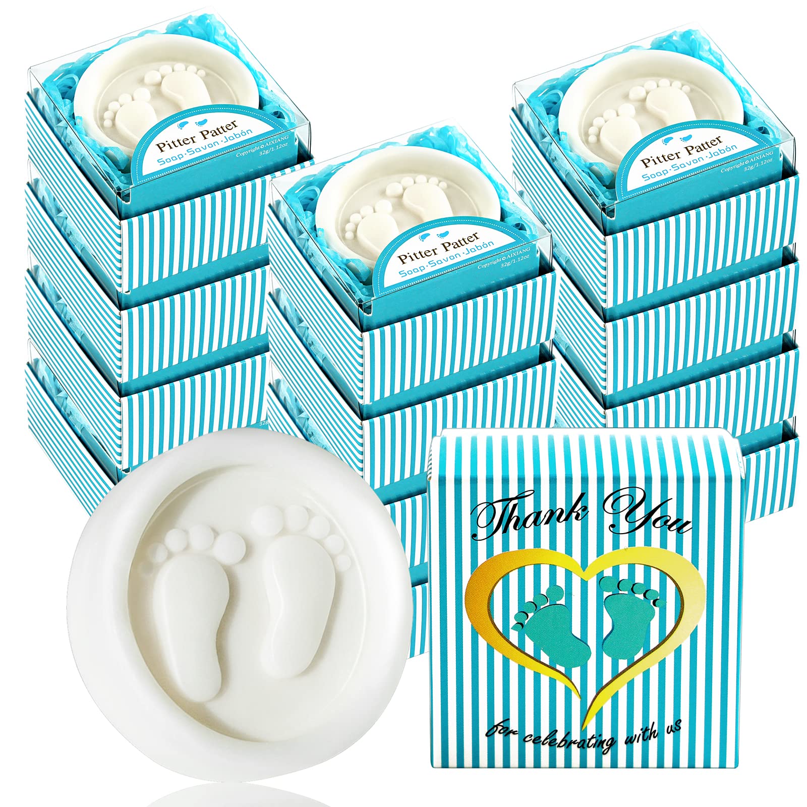 AIXIANG Handmade Blue Pitter Patter Gift Boxed Little Baby-feet Soap Favors for Baby Boy Baby Shower Favors for Guests (24 Pack)