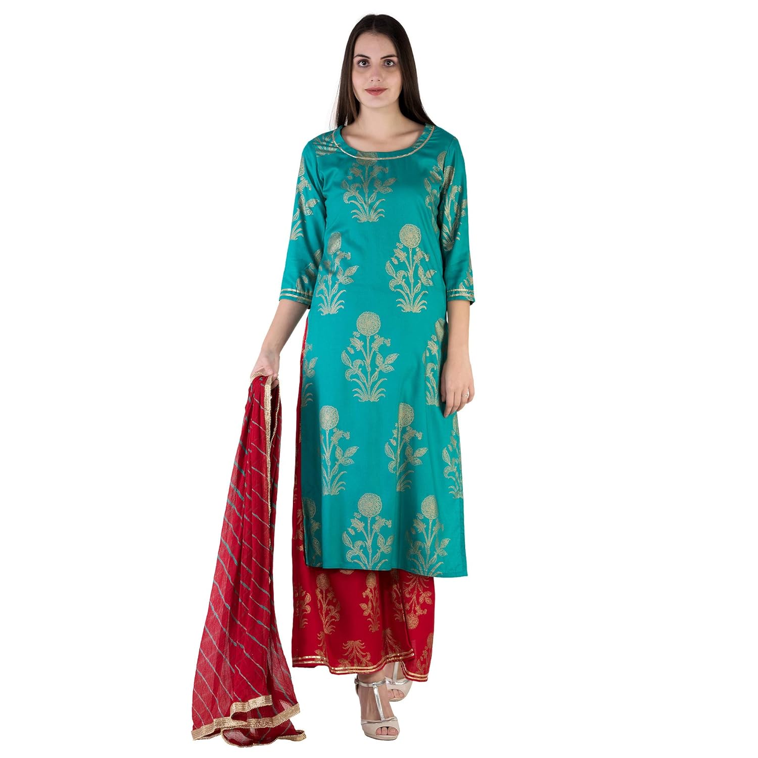 ortange women's rayon gold printed kurta and palazzo with printed dupatta set