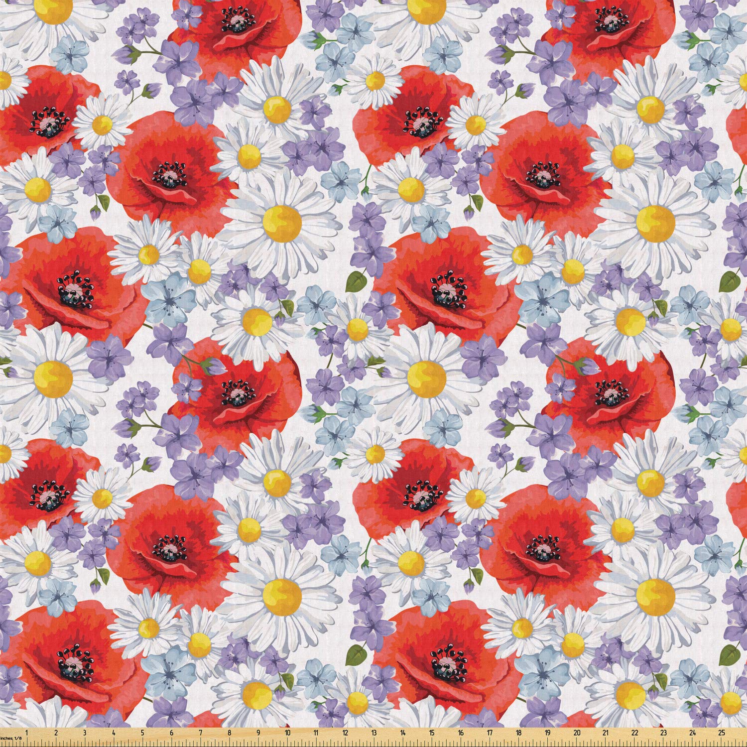 Ambesonne Flower Fabric by The Yard, Purple Flowers Poppy and Daisy Summer Nature Wildflowers Graphi