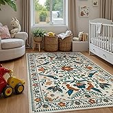Morebes Floral Washable 5x7 Nursery Rug, Boho Insect Living Room Rug Non Slip, Vintage Jungle Bird Rug for Bedroom, Indoor Plant Floor Carpet for Playroom Foyer, Beige/Multi