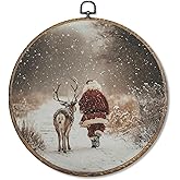 FUGWN Vintage Christmas Santa Deer Round Wall Art Decor Framed, Christmas Canvas Artwork Prints, Rustic Farmhouse Winter Xmas Santa Reindeer Wall Hanging Decorations for Home Room Bedroom, 10x10 Inch