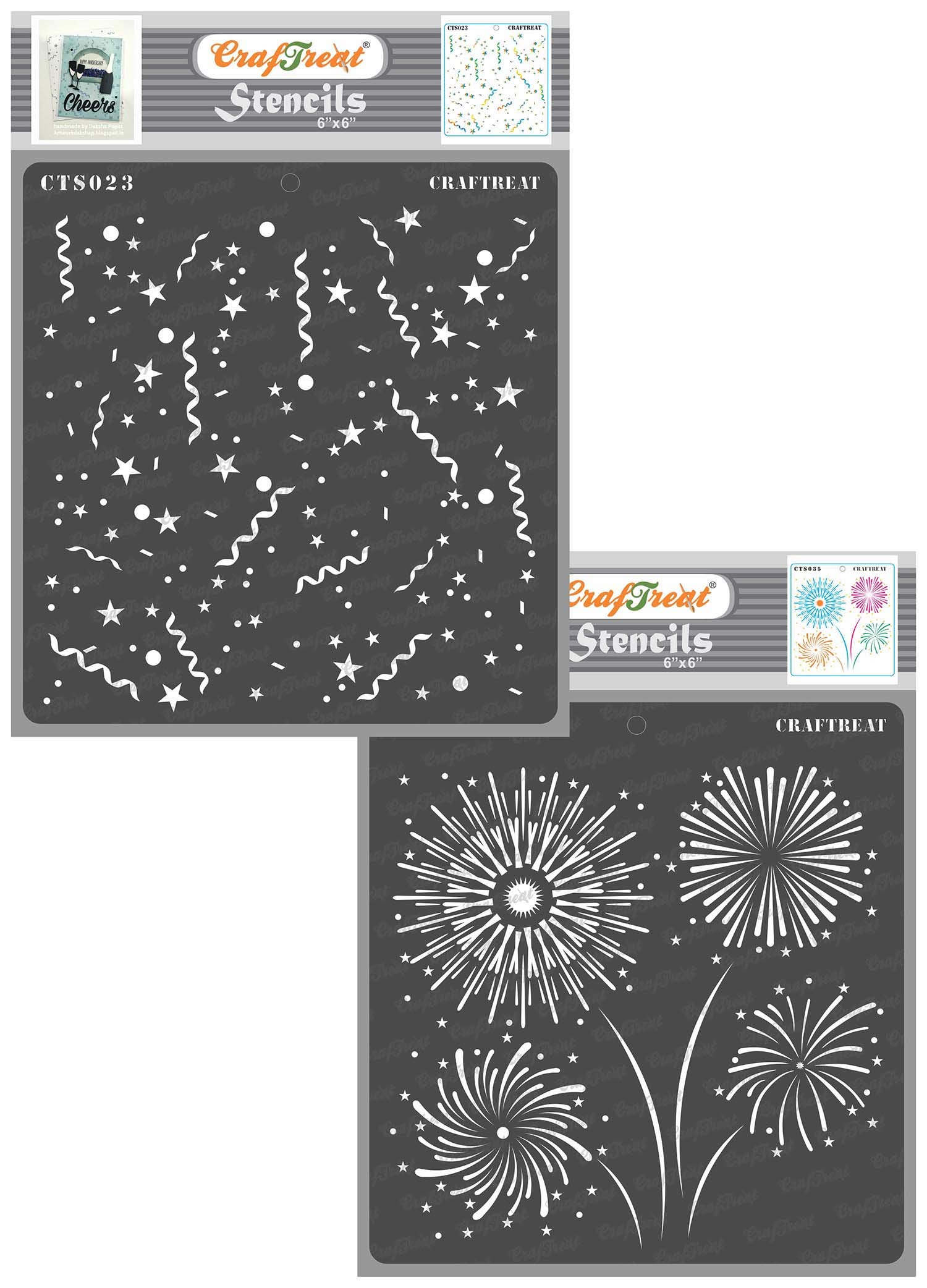 CrafTreat Reusable Stencils for Painting on Wood, Canvas, Paper, Fabric, Floor, Wall and Tile - Confetti and Fire Works - 2 Pcs - 6x6 Inch Each - DIY Art and Craft Stencils for Home Decor