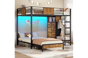 ADORNEVE Bunk Bed Twin Over Twin Size with 8 Storage Drawers, Twin Bunk Beds with Led Lights & Storage Shelves, Metal Loft Bed with 13.4" H Safety Guardrail & Ladder, for Kids & Teens, Black