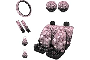 Wanyint Cherry Blossoms Floral Car Seat Cover Full Set 15 Inch Universal fit Steering Wheel Cover Pink Sakura Pattern Cup Holder Coasters, Shoulder Pad Seatbelt Cushion