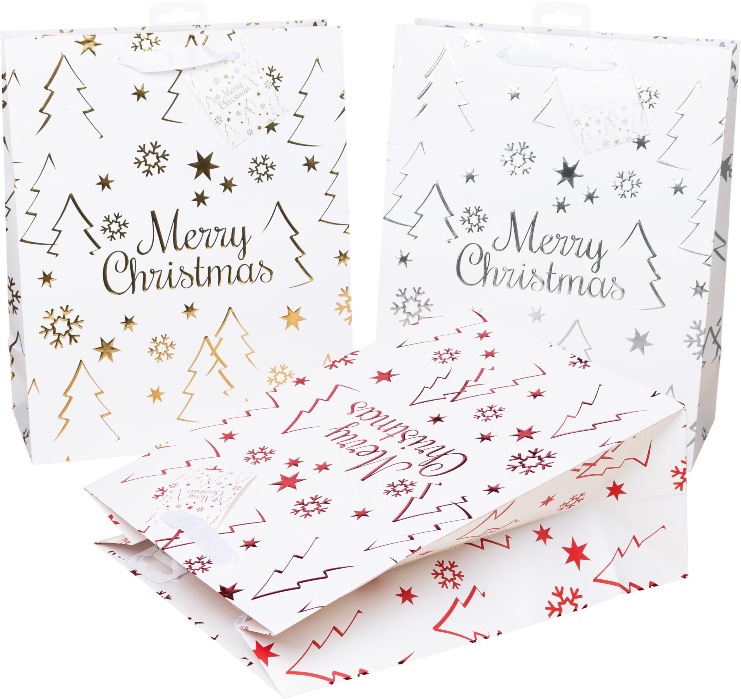 Heku 24 Merry Bags High Gloss Finish, Paper, White X-mas, XL-Geschenktaschen 33x26x13cm