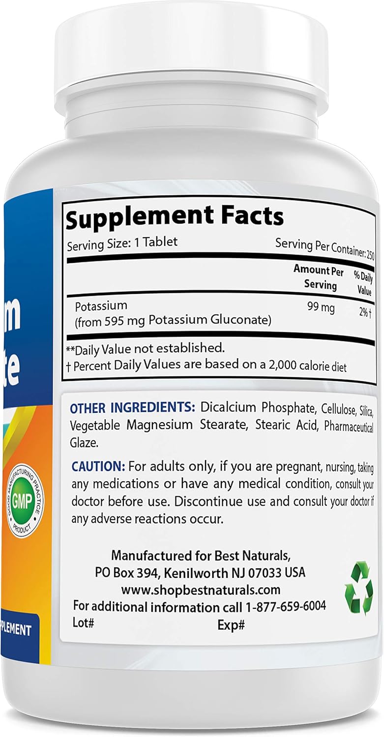 Best Naturals Potassium Gluconate Supplement 595 Mg Tablet, 250Count: Health & Personal Care