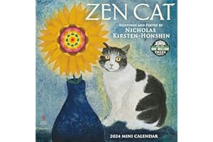 Zen Cat 2024 Mini Wall Calendar: Meditational Art by Nicholas Kirsten-Honshin | Compact 7" x 14" Open | Amber Lotus Publishing