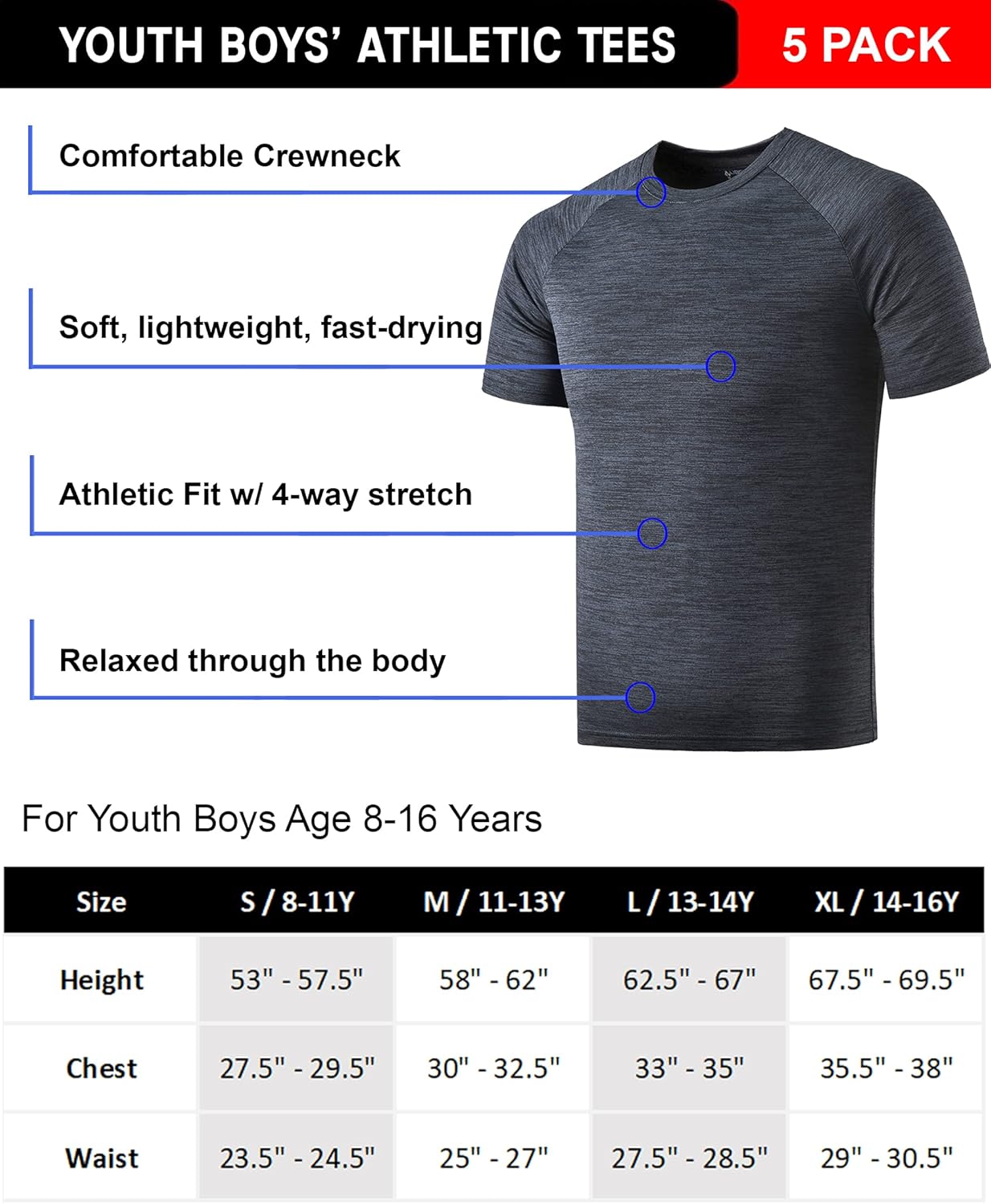 Liberty Imports 5 Pack Big Boys Youth Athletic Quick Dry Crewneck Tees Performance Short Sleeve Shirts: Clothing