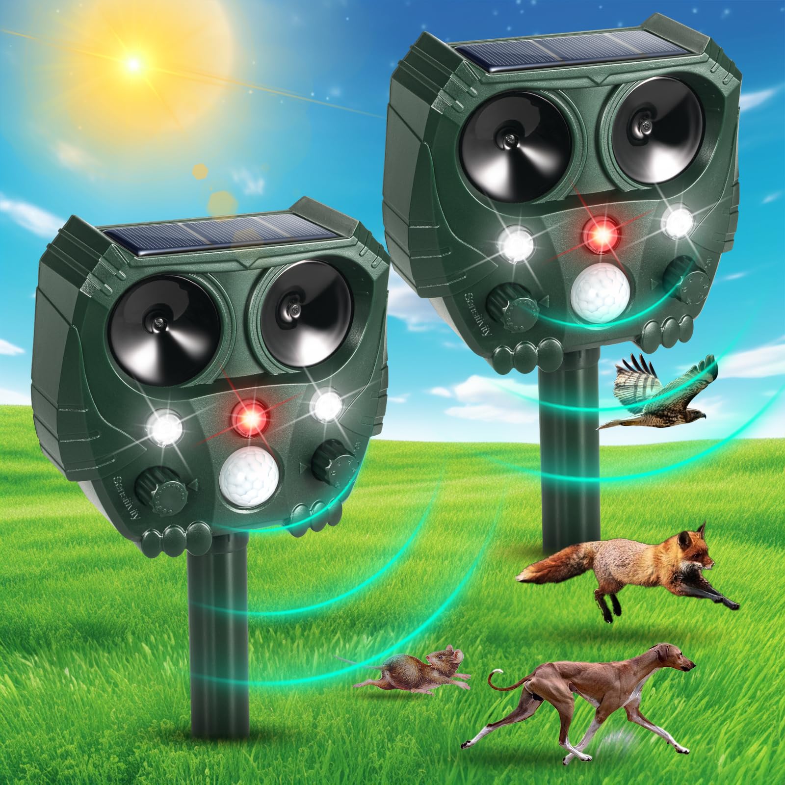Photo 1 of 2 Pack 2025 Solar Ultrasonic Repellent Outdoor Cat Squirrel Rabbit Deer Repellent Devices Skunk Repellent for Yard Animal Deterrent with Motion Detection Flash Light for Dog Racoon Rodent Mole