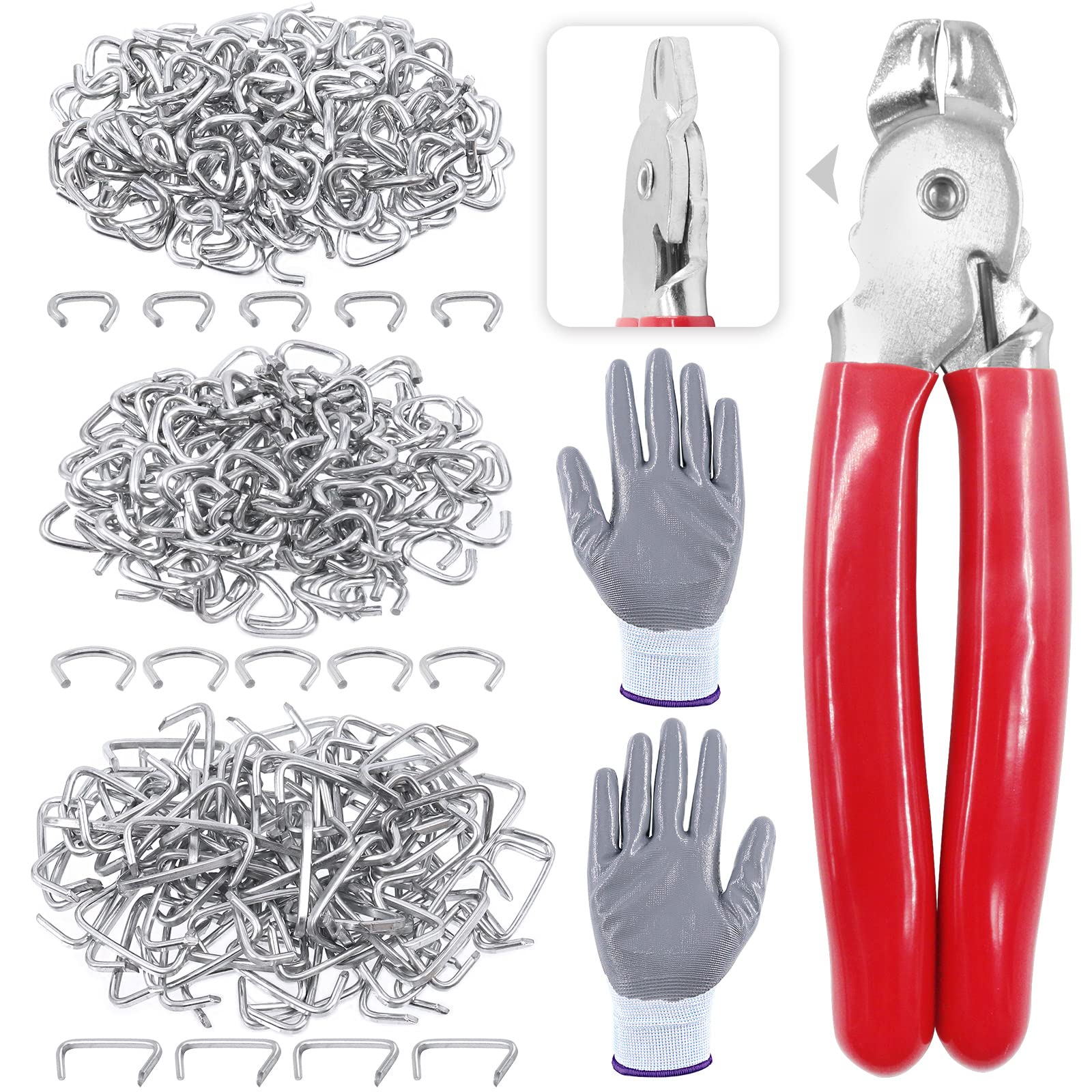 Glarks 242Pcs Hog Ring Pliers Kit with 240Pcs 1/2'' 3/4'' 3/8'' Steel Hog Rings, Anti-Cutting Gloves for Upholstery, Fencing, DIY Craft, Furniture and More