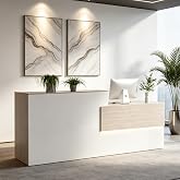 NBEETISM White Reception Desk with Storage Rack, Modern Front Counter Desk | Office Reception Counter for Lobby, Salon, Commercial Workspace with Open Storage and Cable Management Design