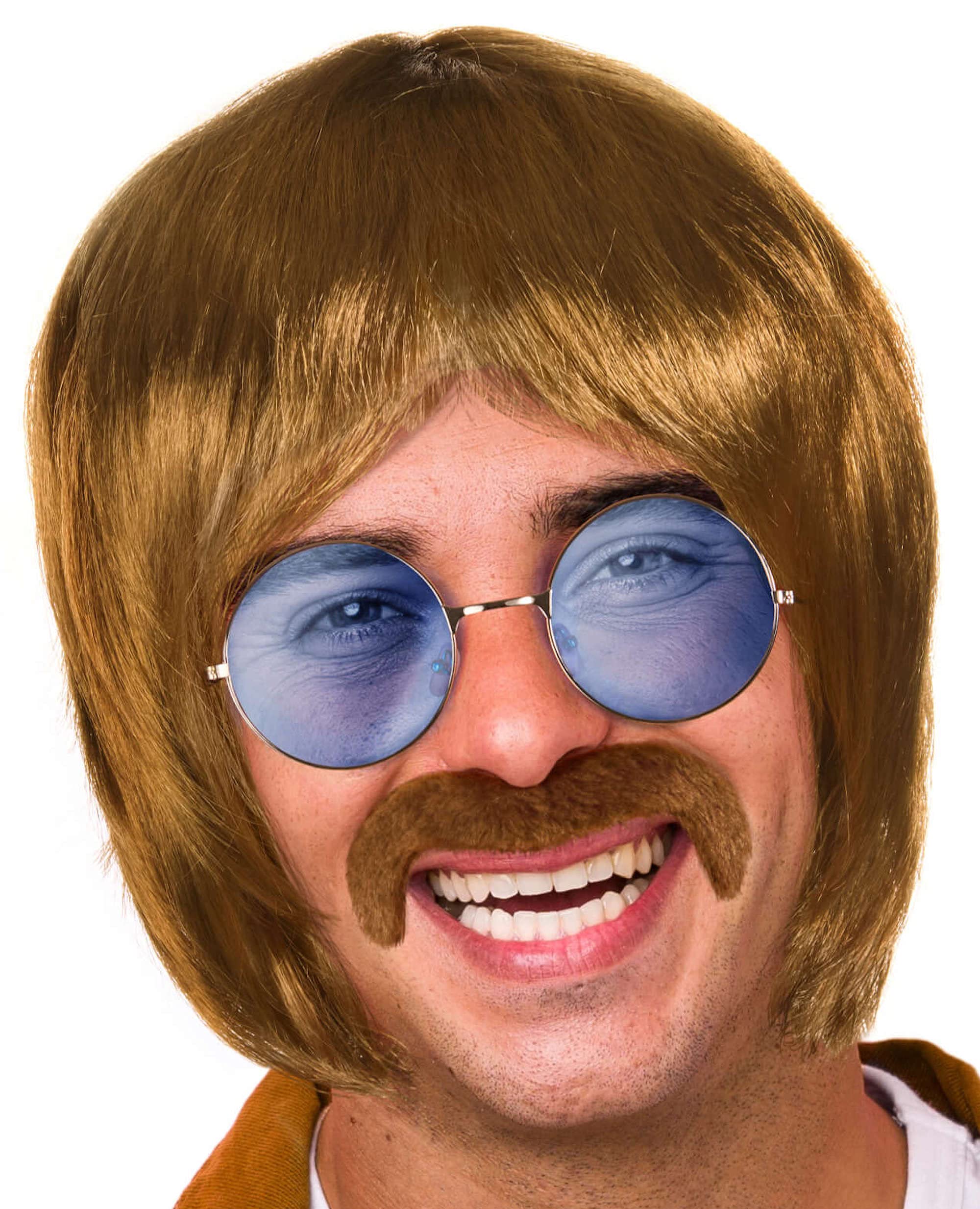 Balinco Hippie Set with Wig + Round Sunglasses with Blue Lenses + Moustache in 60s and 70s Style for Men & Women Carnival or at Festivals