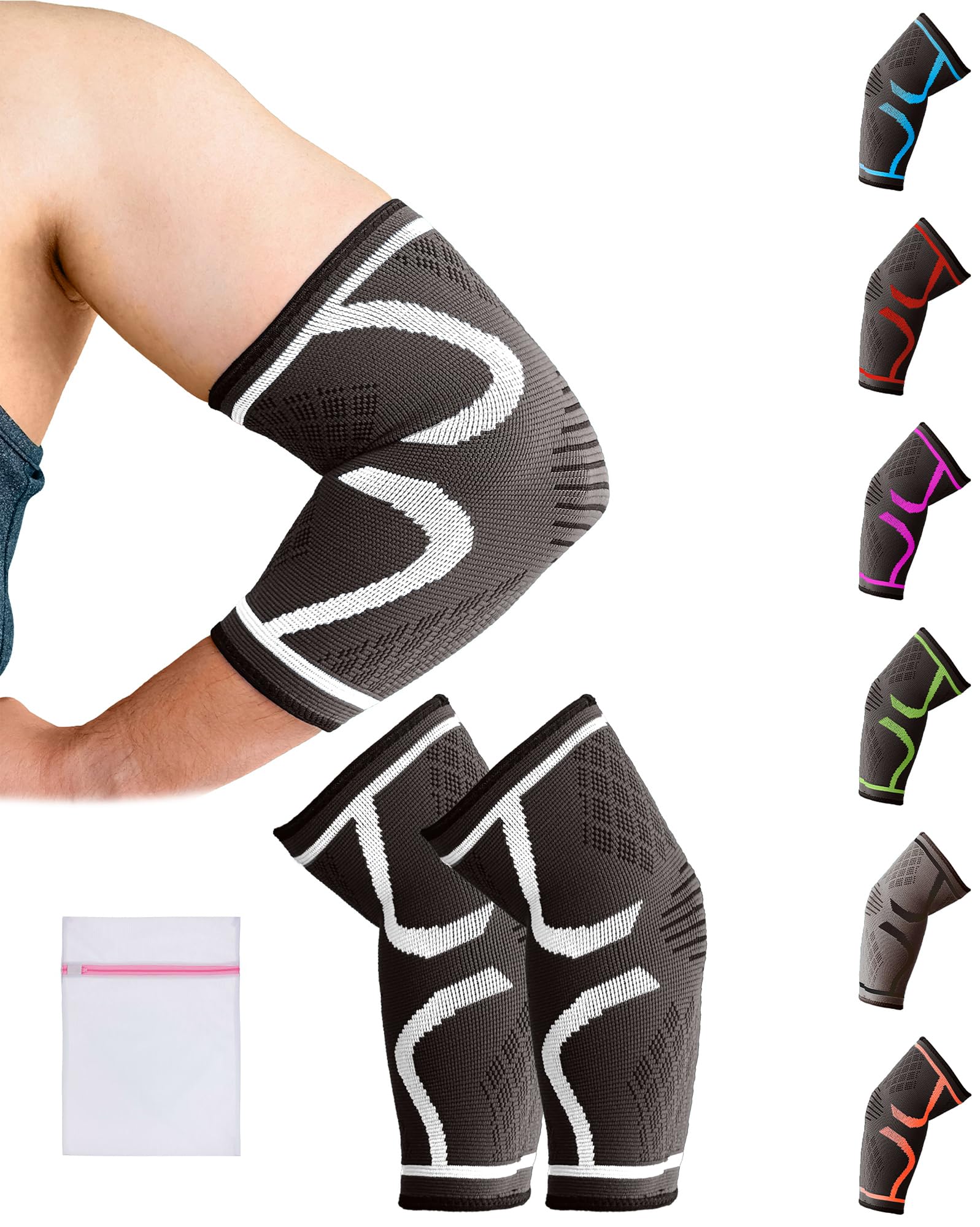 360 RELIEF Elbow Support for Men, Women, Kids, 2 Pack Compression Elbow Sleeve for Tennis, Golfers, Sports, Fitness, Gym, Weightlifting, Small, Grey + Laundry Bag