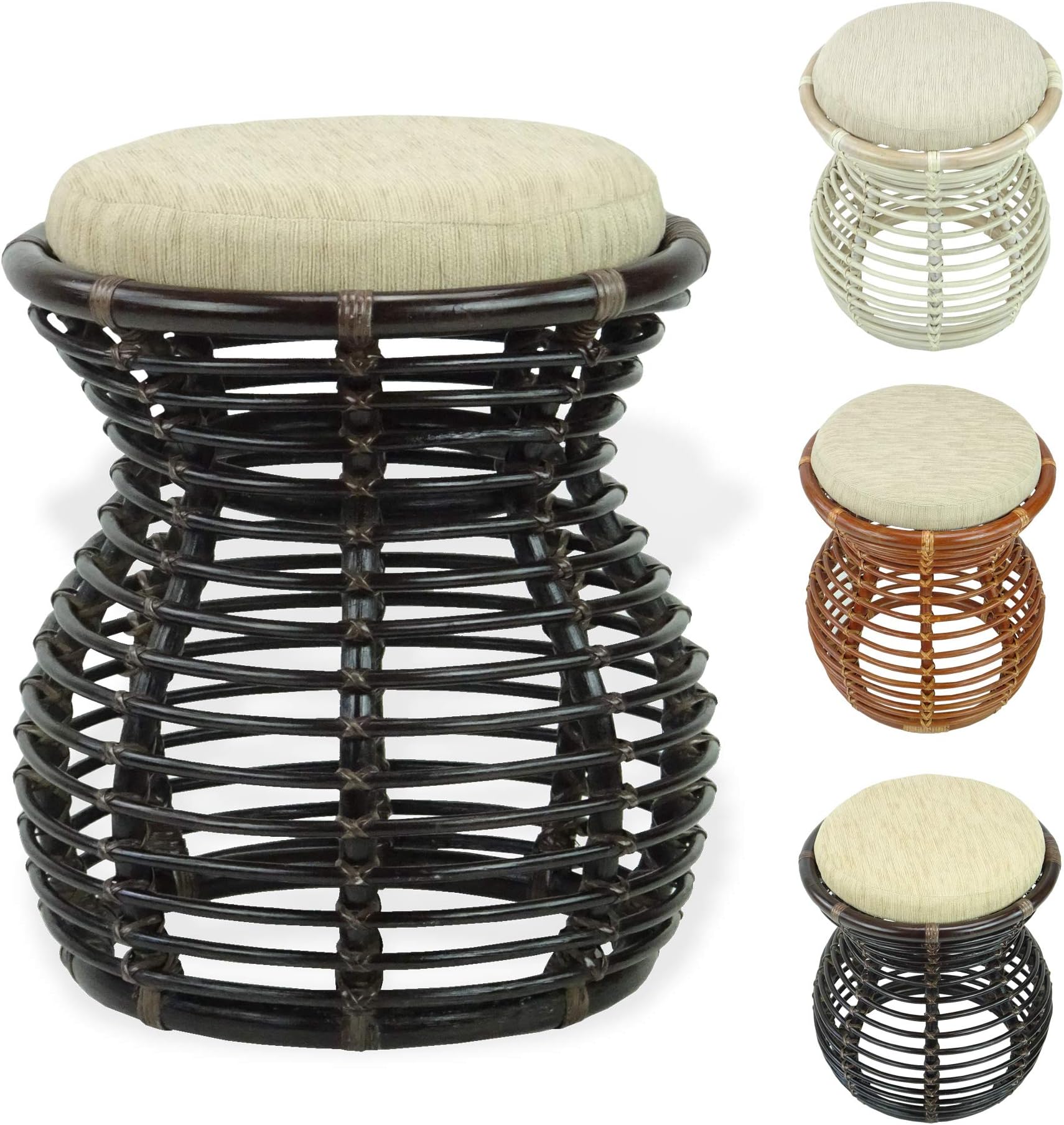 Milan Handmade Natural Rattan Wicker Ottoman Stool Vanity Bedroom Fully Assembled Dark Brown Color