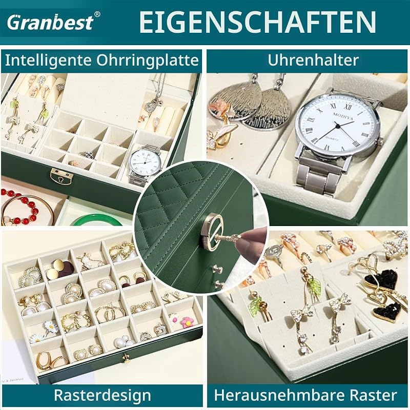 3 Schichten Schmuckkästchen mit 2 Schubladen, Elegante Schmuckkasten, Leder Schmuckbox Ideal für Halsketten, Armbänder, Ringe und Ohrringe (Dunkelgrün) — Foto 4 von 7