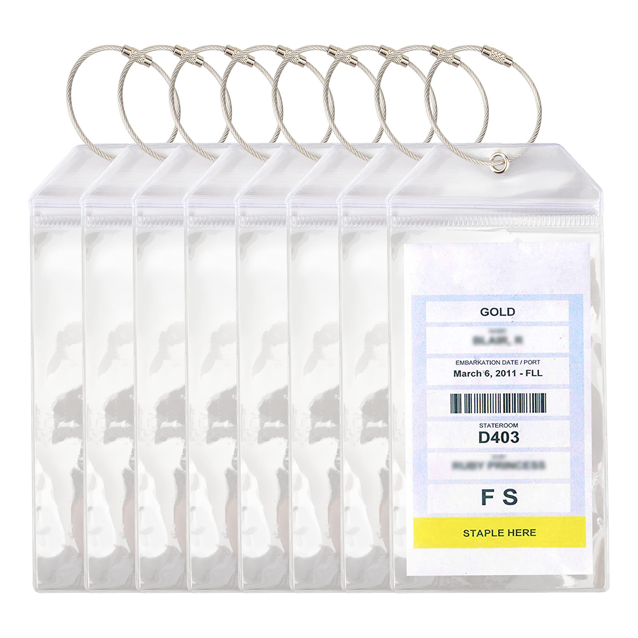 Temlum 8 Pcs Cruise Luggage Tags Holder with Zip Seal & Steel Loops, Waterproof Clear Luggage Tags Cruise Accessories (19.2 x 8.9 cm)