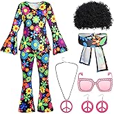 Shihanee 7 Pcs 70s Hippie Costume Women Disco Outfits Accessories Earring Necklace Headband Wig Glasses