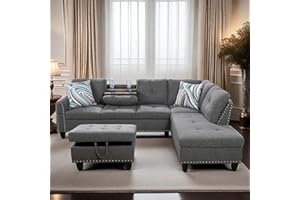 GlasFlength L Shaped Sectional Couch Ottoman, Modern Nailhead Comfy Lounge Sofa with Reversible Cup Holder & Chaise, 97" 4 Seat Modular Sofá for Living Room Apartment, Grey