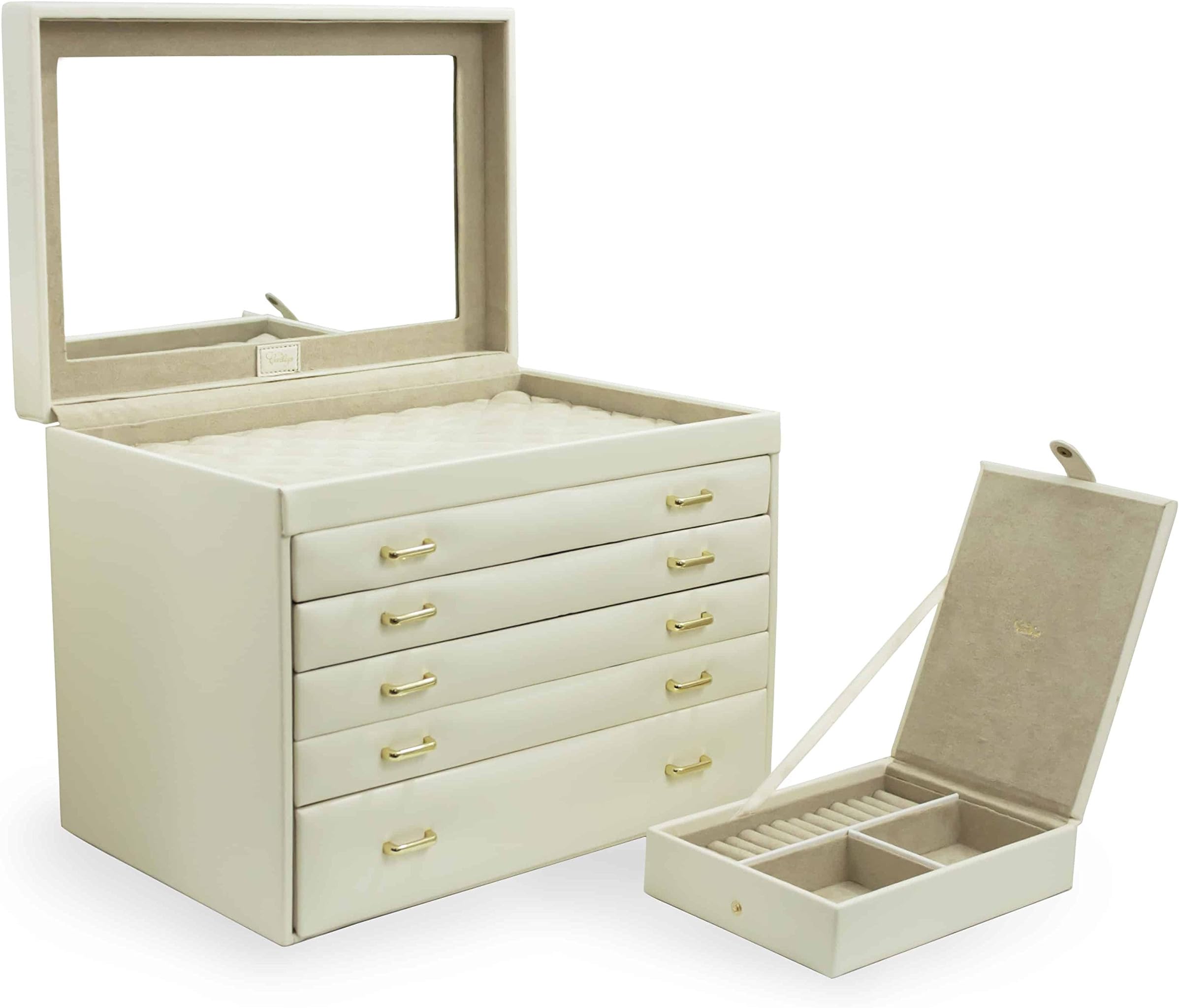 CORDAYS - Extra Large Complete Jewellery Dresser Box Finely Handcrafted in Premium Quality with 5 Drawers and Travel Case- Pearl CDL-10029