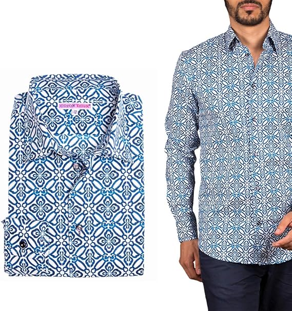 Amazon コトンドゥ Cotondoux メンズ 長袖シャツ 柄 オフィスカジュアル ビジネスカジュアル 陶器柄 M92ad1724azulejo 40 シャツ 通販
