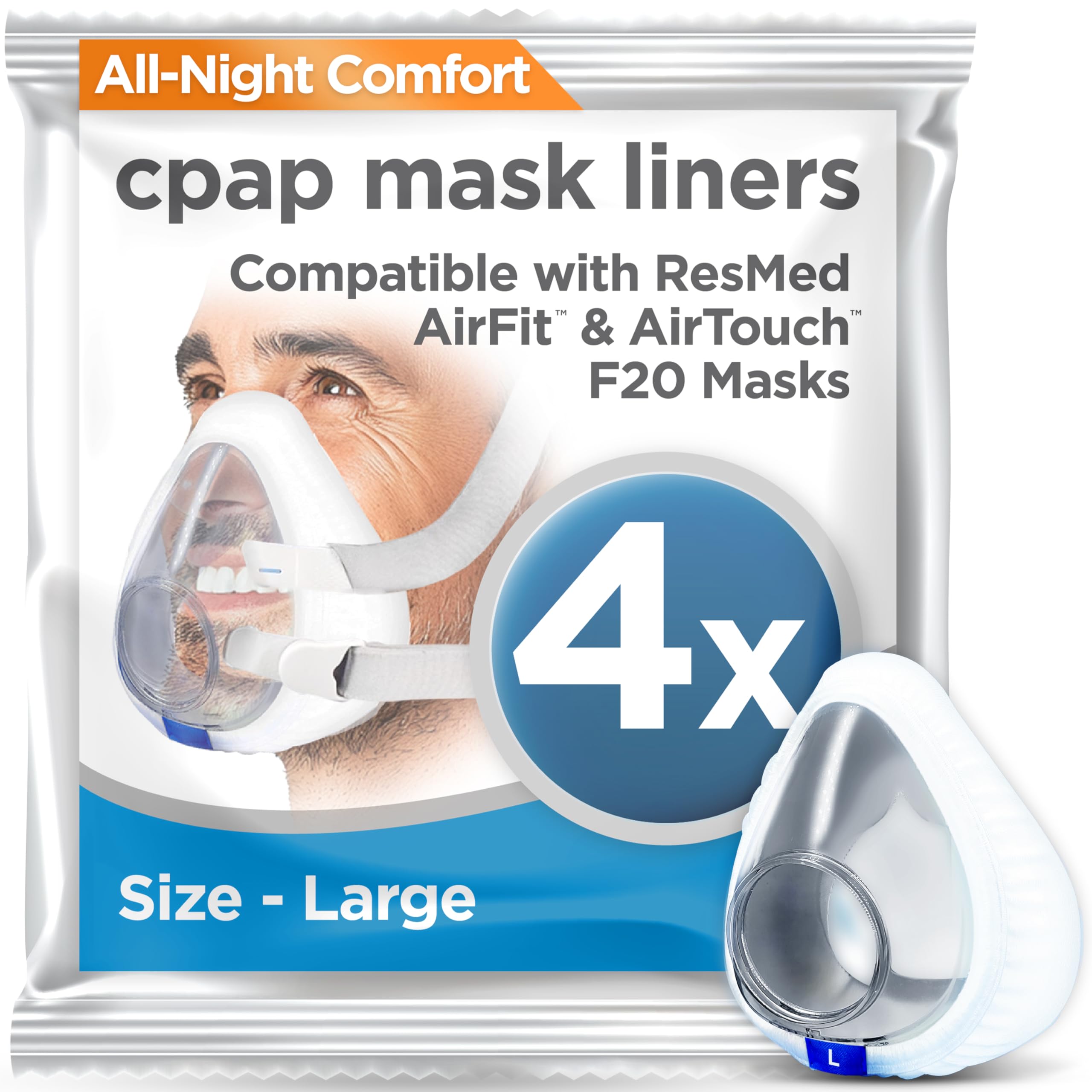 resplabs CPAP Mask Liners - Compatible with ResMed AirFit and AirTouch F20 Full Face Masks - Reusable, Washable Comfort Covers - 4 Pack (Large)