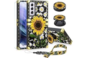 KANGHAR Designed for Samsung Galaxy S21 5G Case Sunflower with Tempered Glass Screen Protector Lanyard Strap Ring Holder Kickstand for Women Girls Flower Daisy Square with Finger Grip Stand 6.2"