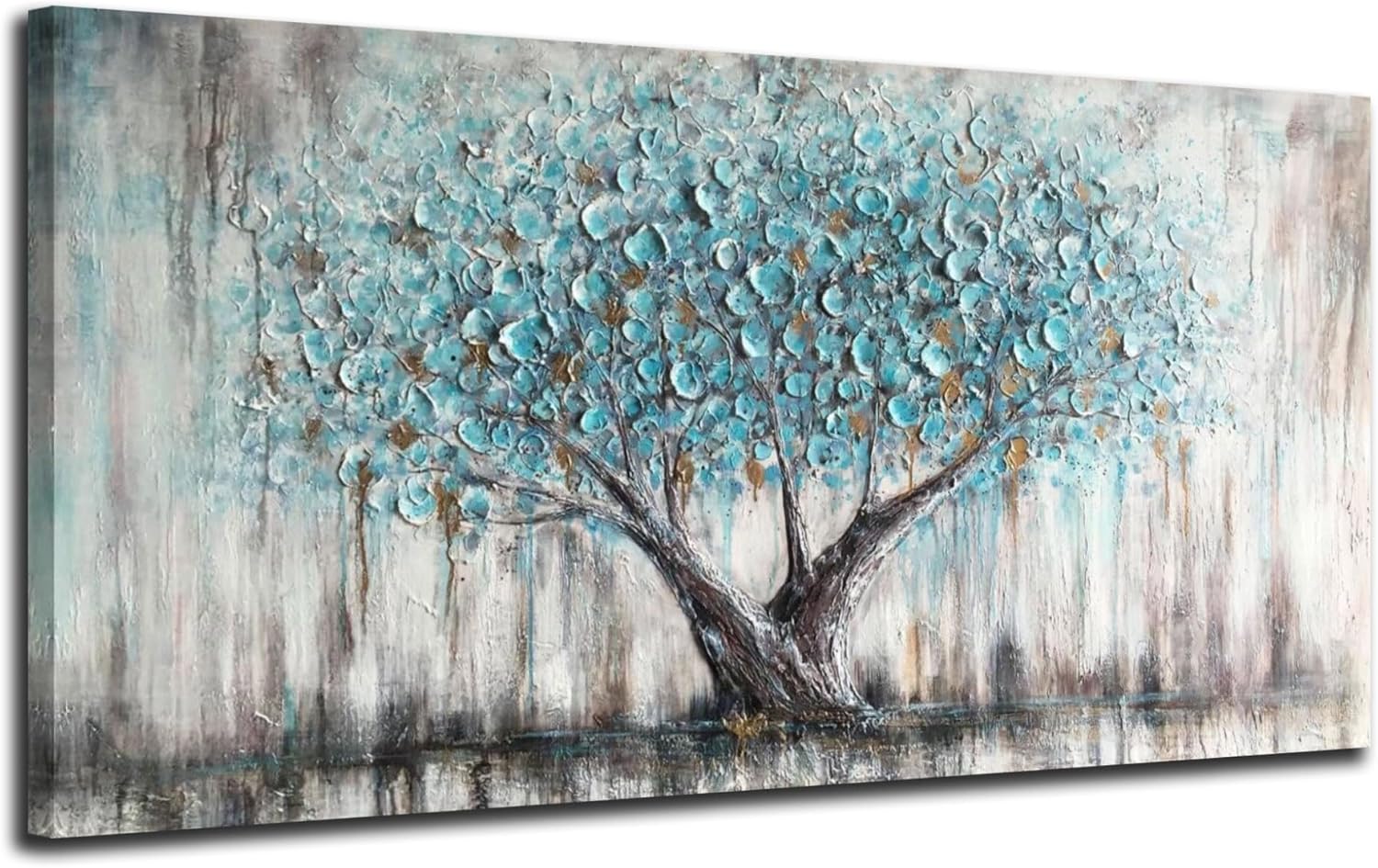 Wall Décor - Arjun Tree Wall Art Teal Blue Nature Tree of Life Abstract Canvas Painting Textured Picture, Modern Large Panoramic Landscape Artwork Framed for Living Room Bedroom Bathroom Office Home Decor 40