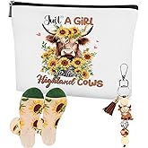 CRASHOT Highland Cow Gifts for Women, Including Funny Cow Makeup Bag, Sunflower Sock & Animal Keychain, Christmas Thanksgiving Birthday Gifts for Besties Friends Bff Sister Daughter