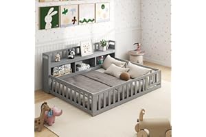Aoowow Twin Size Montessori Floor Bed, Kids Twin Bed Frame with Bedside Bookcase and Doors, Wood Floor Playhouse with Guardrail for Boys Girls, Grey