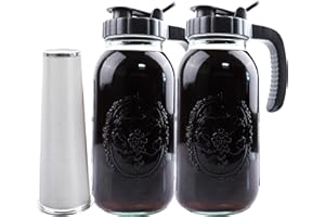 GLUKIEWT Cold Brew Coffee Maker Half Gallon 2 Set Glass Mason Jar Pitcher With Spout Lid Filter 2 Quart Wide Mouth Iced Tea Brewing Jug Heavy Duty Handle Airtight & Leak-Proof Pitcher For Fridge Sun Tea 64 OZ