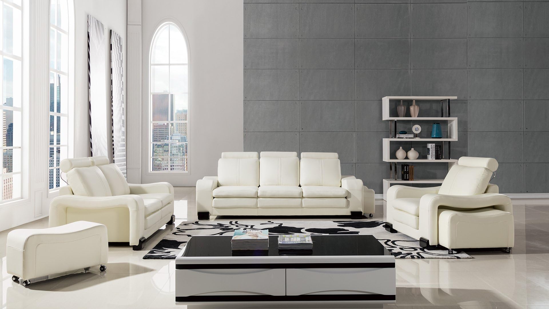 American Eagle Furniture Delaware Collection Modern Living Room Premium Leather 6 Piece Sofa Set and Wheeled Ottomans, Ivory